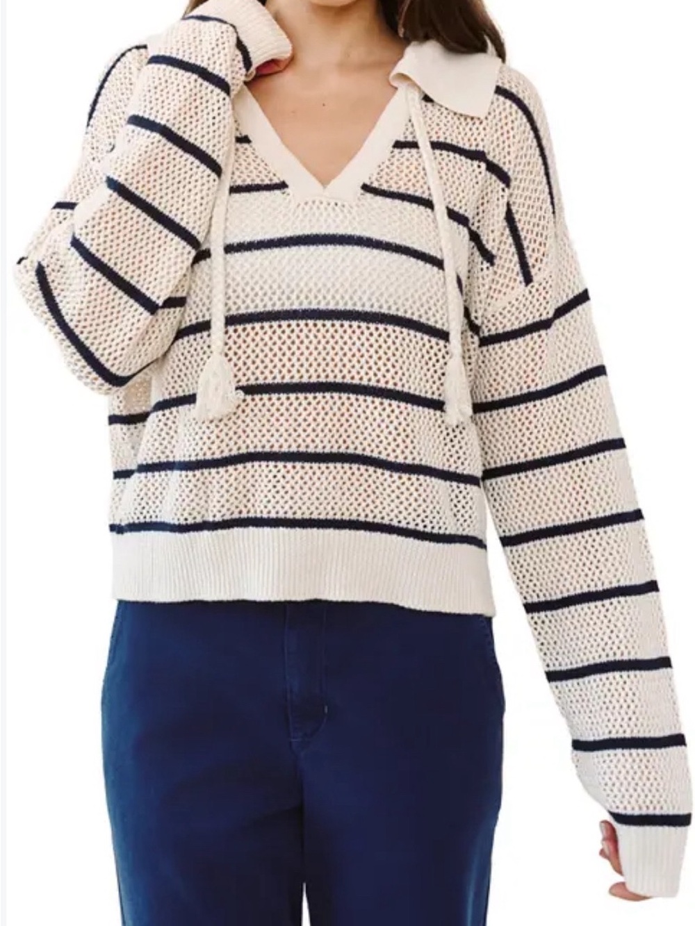 Bella Dahl Cream and Navy Striped Open-Knit Polo Sweater